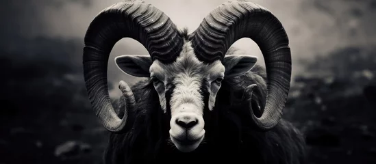 Fotobehang A monochrome photography of a sculpture depicting a terrestrial animal, the Aries, with impressive horns. The symmetrical composition creates a stunning visual art piece in the darkness © 2rogan