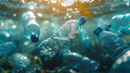 Plastic pollution. waste reduction. ecology problem. bottles floating underwater