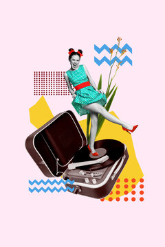 Creative abstract template collage of pretty female dancing retro vinyl recorder music have fun bizarre unusual fantasy billboard