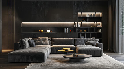 Aesthetic cozy gray corner sofa in the interior of a spacious dark room. Minimalistic style. Generative AI