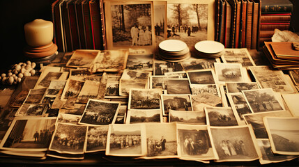 Stacks of old photographs on the table created with Generative AI technology