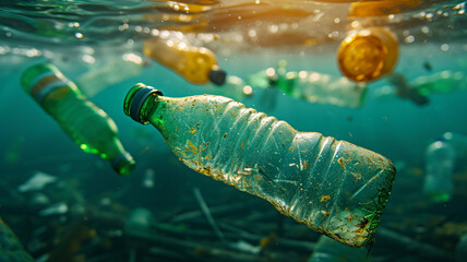 Plastic pollution. waste reduction. ecology problem. bottles floating underwater