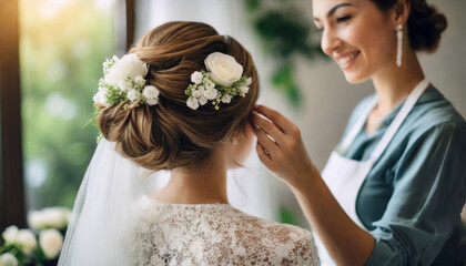 bride, back view, pre-wedding hair styling by stylist wedding day clean background 