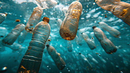 Plastic pollution. waste reduction. ecology problem. bottles floating underwater