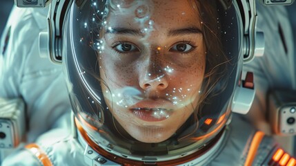 Young Female Astronaut With Reflective Visor, Gazing Intensely, Cosmic Particles, Detailed Helmet, Cool Tones, Human Space Flight. AI Generated - obrazy, fototapety, plakaty