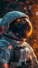Astronaut In Space Suit, Visor Reflecting Earth, Glittering Stars, Warm Hues. Human Space Flight. Weightlessness and Zero Gravity. Vertical Banner. AI Generated