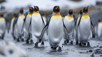 Making his way through a group of penguins, King Penguin. Generative Ai