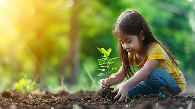 A girl planting a small tree global warming concept