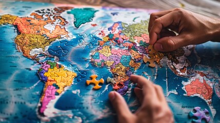 Man adding a jigsaw piece to a vibrant global map. Generative Ai