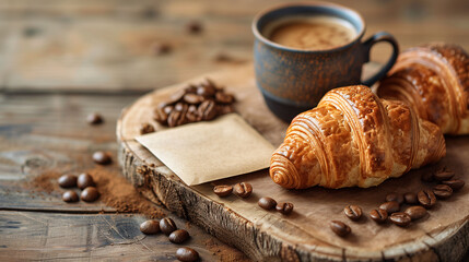 Fresh croissant with coffee and beans on rustic wooden background, blank card for text.