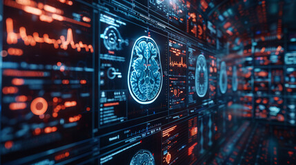 Futuristic interface with multiple displays showcasing advanced brain scan images and neurology data analysis in a high-tech environment. - obrazy, fototapety, plakaty
