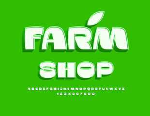 Vector advertising signboard Farm Shop. Stylish Bright Font. Creative 3D Alphabet Letters and Numbers set.