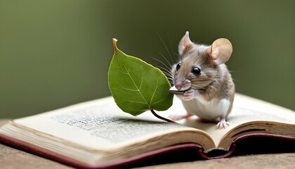 A Mouse Reading A Tiny Book With A Leaf As A Cover Upscaled 3