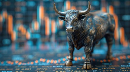 Focus on the sharp horns of a bull figurine against a rising stock graph backdrop, symbolizing upward momentum and success in investments A striking image for financial campaigns - obrazy, fototapety, plakaty