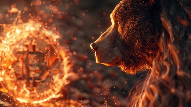 Capture the essence of surprise and innovation by illustrating a bears rear view with a dynamic visual representation of a bitcoin symbol