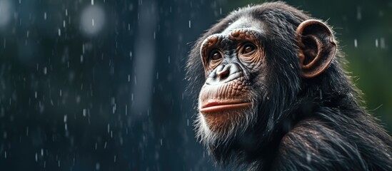 A Common chimpanzee, a terrestrial animal with fur, is sitting in the rain in the darkness of the jungle, looking up at the sky with its snout. Wildlife and science intersect in this moment - obrazy, fototapety, plakaty