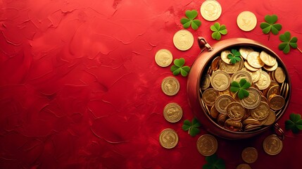 an image showcasing a pot filled with St. Patrick's Day-themed gold coins and clover leaves, harmonizing with a vibrant red background