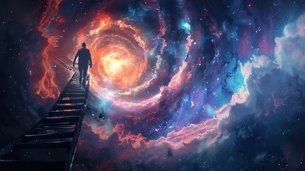 Man ascending a spiral staircase in a galaxy. Generative Ai