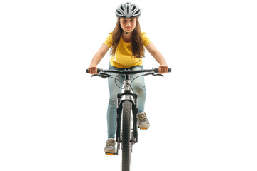 cycle riding little girl isolated on copy space white background,  cute girl riding a bicycle on white background, Girl riding a bicycle with a helmet on the head. Front view and looking at the camera