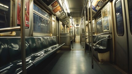 A silence-filled empty subway car with outside vista of a tunnel AI generated illustration - obrazy, fototapety, plakaty