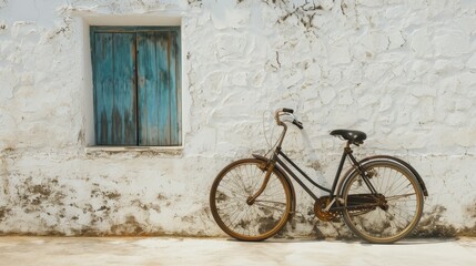 Fototapeta na wymiar A single bicycle leaning against a whitewashed wall AI generated illustration