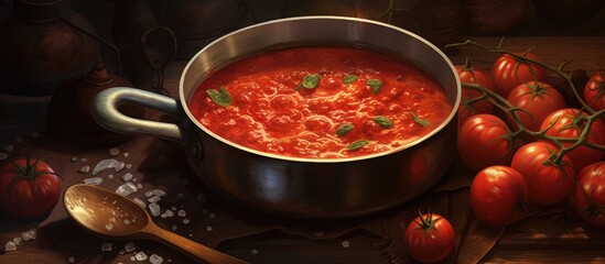 A pot of tomato soup sits on a wooden table, surrounded by fresh tomatoes and a spoon. This dish is...