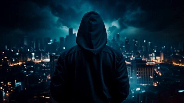 Back of hacker wearing hoodie against big city background, computer virus, electronic theft