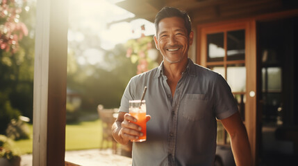 Asian man drinks a cocktail in a beautiful country house on a sunny day, Party in the garden