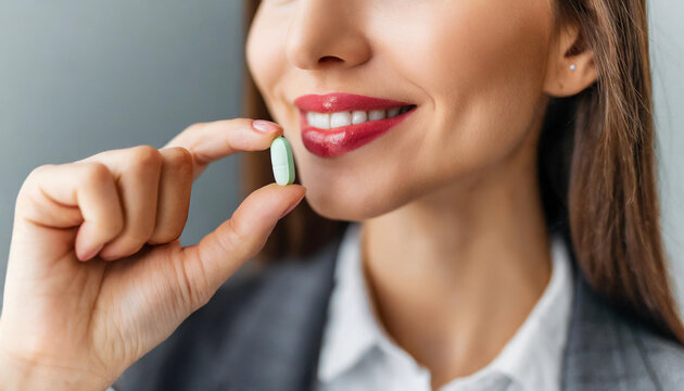 hands near woman's lips with hand holding diet pill, symbolizing beauty, health, and lifestyle choices