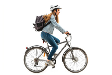 cycle riding young girl isolated on copy space white background,  teenage girl riding a bicycle on white background, Girl riding a bicycle with a helmet. Front view and looking at the camera