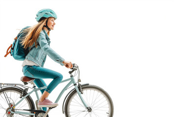 cycle riding young girl isolated on copy space white background,  teenage girl riding a bicycle on white background, Girl riding a bicycle with a helmet. Front view and looking at the camera