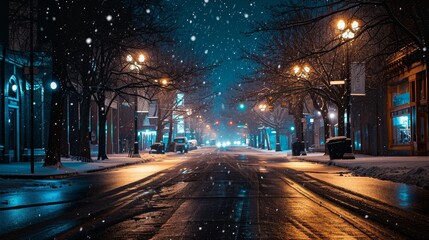 A snowfall on an empty city street at night AI generated illustration