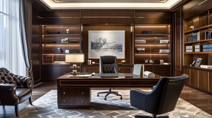 Naklejka premium A sophisticated executive office with leather furnishings AI generated illustration