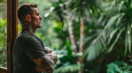 Calm man leaning against a window frame, dressed in a dark t-shirt, showcasing bold tattoos covering his arms. The window overlooks a lush, green garden, offering a peaceful and meditative backdrop. - obrazy, fototapety, plakaty