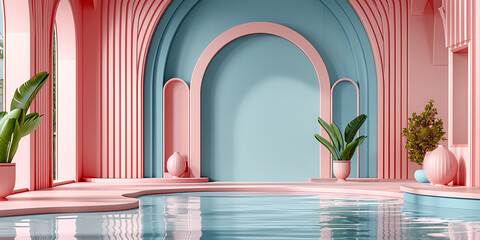 Abstract Modern Minimal Background With Pink Blue Hemispheres - A Pool With A Pink Arch And A Plant - obrazy, fototapety, plakaty