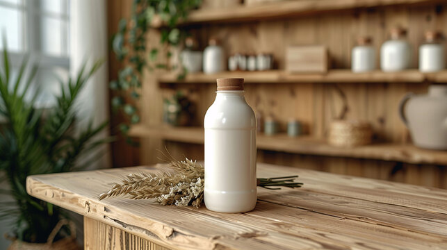 White bottle on wooden table with wheat ears, rustic kitchen background.