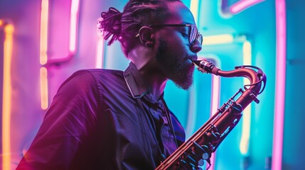 African American jazz musician playing saxophone in studio, with neon light - obrazy, fototapety, plakaty