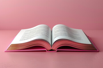 A thick book is placed open against a light pink background. reading concept.