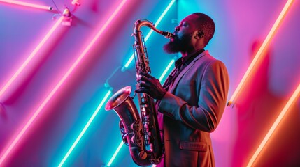 African American jazz musician playing saxophone in studio, with neon light - obrazy, fototapety, plakaty