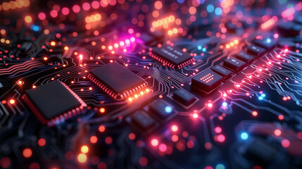 Fototapeta premium Close up of a computer motherboard with circuit components and vibrant lights