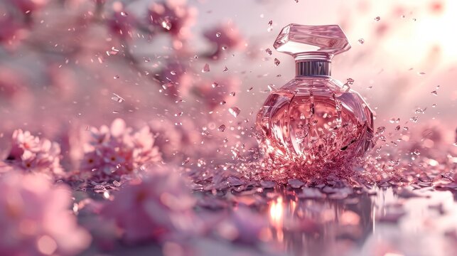 A three-dimensional image of a perfume bottle shattering and releasing a flurry of beautiful scents AI generated illustration