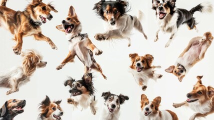 Dogs of different breeds, each of which strikes a unique and funny pose on a white background