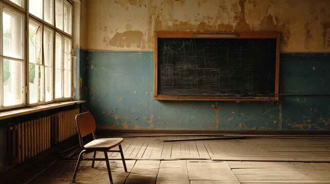 A vacant classroom scene with an empty blackboard and missing chalk AI generated illustration