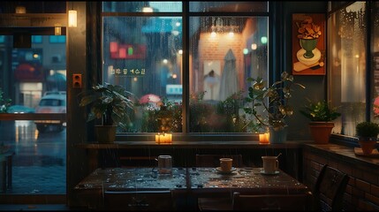 an ultra-realistic AI depiction of a Korean-inspired coffee shop during a rainy night. 