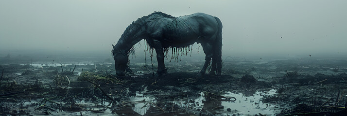 Stallion Sculpture in a Battlefield on Ground,
 a horse standing in the water in the foggy forest