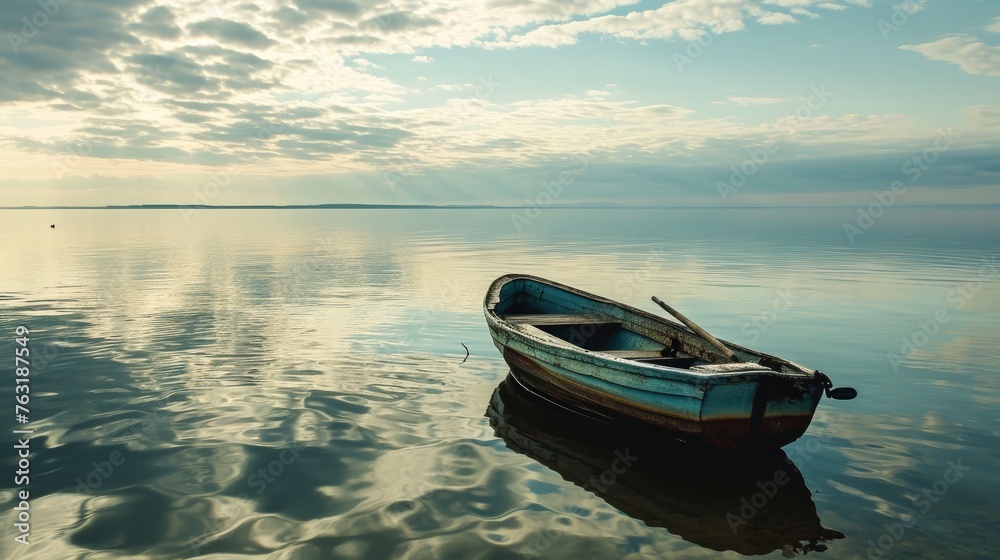 Wall mural an abandoned boat alone on tranquil waters ai generated illustration