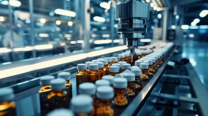 Pharmaceutical machine filling glass bottles with medicines