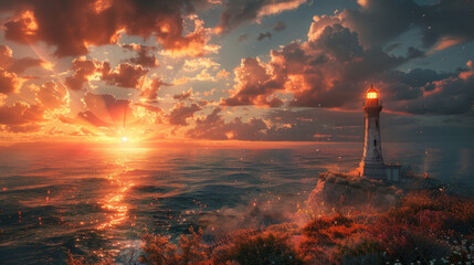 An enchanting seascape at sunset with a towering lighthouse perched atop a craggy cliff. The sky is ablaze with vibrant hues of orange and red, as fluffy clouds drift by.