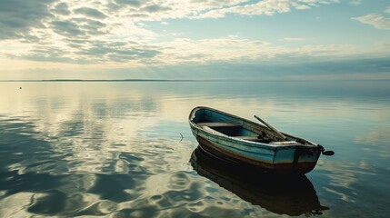 An abandoned boat alone on tranquil waters AI generated illustration