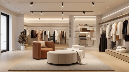 an image that emphasizes the elegance and style of the garments in a modern women's clothing store - obrazy, fototapety, plakaty